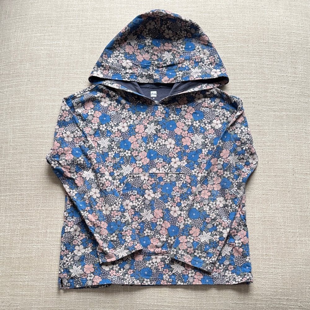 Tea Collection Floral Long Sleeve Tee Hoodie - Blue and Pink